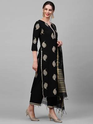 Indo Era Black Foil Floral Printed Straight Kurta Palazzo with Dupatta Set 3