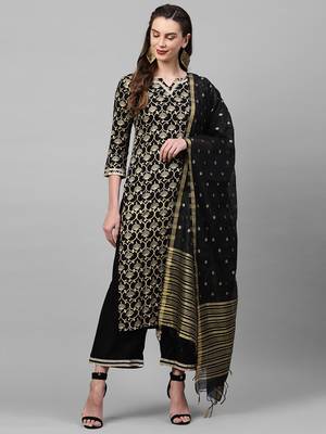 Indo Era Black Foil Floral Printed Straight Kurta Palazzo with Dupatta Set 1
