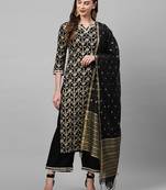 Indo Era Black Foil Floral Printed Straight Kurta Palazzo with Dupatta Set