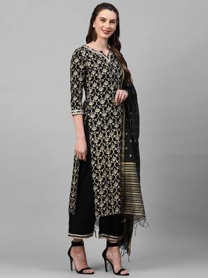 Indo Era Black Foil Floral Printed Straight Kurta Palazzo with Dupatta Set 3