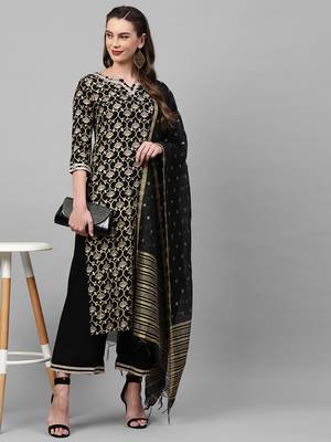 Indo Era Black Foil Floral Printed Straight Kurta Palazzo with Dupatta Set 4