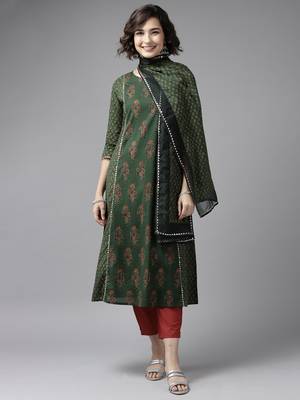 Indo Era Green Floral printed Kurta Trouser With Hand Made Dupatta Set 1