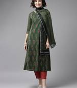Indo Era Green Floral printed Kurta Trouser With Hand Made Dupatta Set