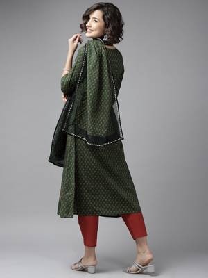 Indo Era Green Floral printed Kurta Trouser With Hand Made Dupatta Set 2