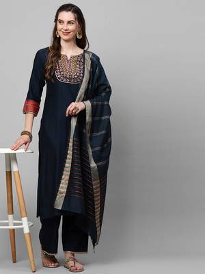 Indo Era Navy Blue Embroidered Straight Kurta Palazzo With Dupatta Set 1