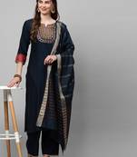 Indo Era Navy Blue Embroidered Straight Kurta Palazzo With Dupatta Set