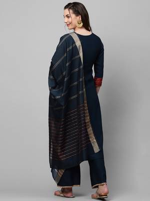 Indo Era Navy Blue Embroidered Straight Kurta Palazzo With Dupatta Set 2