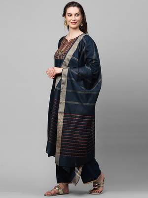 Indo Era Navy Blue Embroidered Straight Kurta Palazzo With Dupatta Set 3