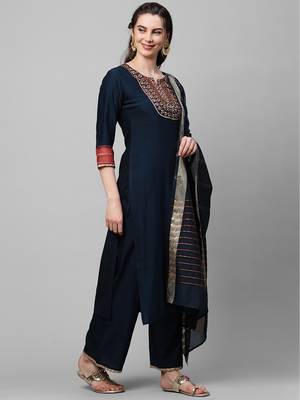 Indo Era Navy Blue Embroidered Straight Kurta Palazzo With Dupatta Set 4