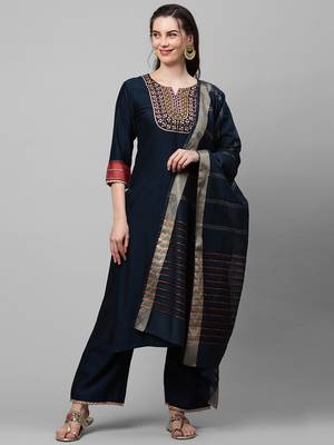 Indo Era Navy Blue Embroidered Straight Kurta Palazzo With Dupatta Set 5