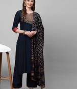 Indo Era Navy Blue Embroidered Straight Kurta Palazzo With Dupatta Set