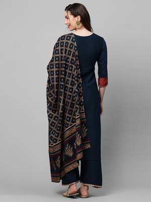 Indo Era Navy Blue Embroidered Straight Kurta Palazzo With Dupatta Set 2