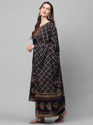 Indo Era Navy Blue Embroidered Straight Kurta Palazzo With Dupatta Set 3