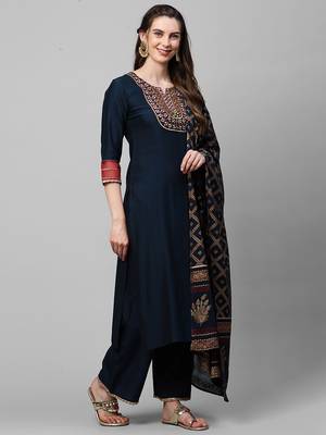 Indo Era Navy Blue Embroidered Straight Kurta Palazzo With Dupatta Set 4