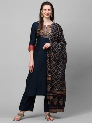 Indo Era Navy Blue Embroidered Straight Kurta Palazzo With Dupatta Set 5