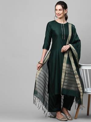 Indo Era Green Solid Straight Kurta Palazzo with Dupatta Set 1