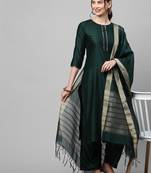 Indo Era Green Solid Straight Kurta Palazzo with Dupatta Set