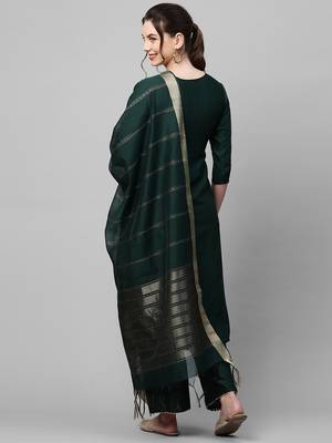Indo Era Green Solid Straight Kurta Palazzo with Dupatta Set 2