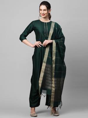 Indo Era Green Solid Straight Kurta Palazzo with Dupatta Set 4