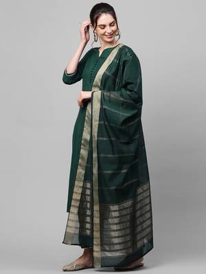 Indo Era Green Solid Straight Kurta Palazzo with Dupatta Set 3