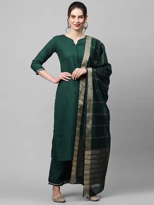 Indo Era Green Solid Straight Kurta Palazzo with Dupatta Set 4