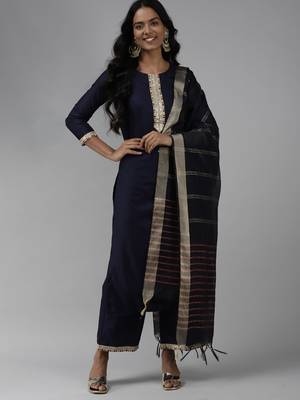 Indo Era Solid Navy Blue Straight Kurta Palazzo With Dupatta Set 1