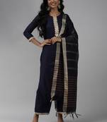 Indo Era Solid Navy Blue Straight Kurta Palazzo With Dupatta Set