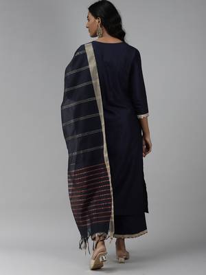 Indo Era Solid Navy Blue Straight Kurta Palazzo With Dupatta Set 2