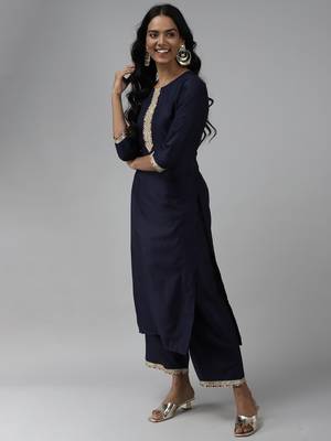 Indo Era Solid Navy Blue Straight Kurta Palazzo With Dupatta Set 3