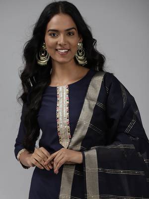Indo Era Solid Navy Blue Straight Kurta Palazzo With Dupatta Set 4