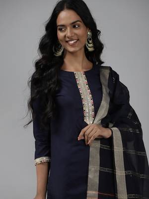Indo Era Solid Navy Blue Straight Kurta Palazzo With Dupatta Set 5