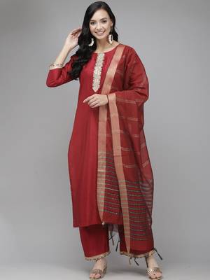 Indo Era Solid Red Straight Kurta Palazzo With Dupatta Set 1