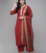 Indo Era Solid Red Straight Kurta Palazzo With Dupatta Set