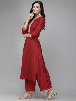 Indo Era Solid Red Straight Kurta Palazzo With Dupatta Set 3