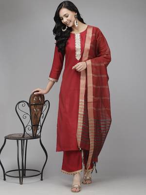 Indo Era Solid Red Straight Kurta Palazzo With Dupatta Set 4