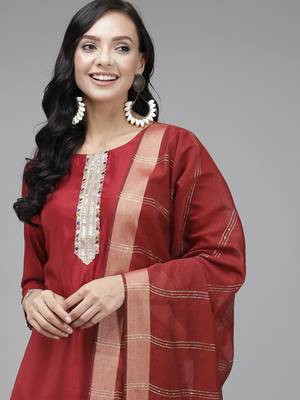 Indo Era Solid Red Straight Kurta Palazzo With Dupatta Set 5