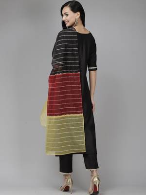 Indo Era Black Embroidered Straight Kurta Trouser With Dupatta Set 2