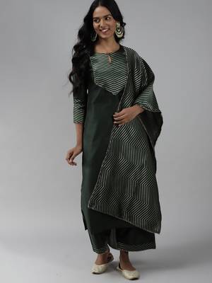Indo Era Green Solid Straight Kurta Palazzo With Dupatta Set 1