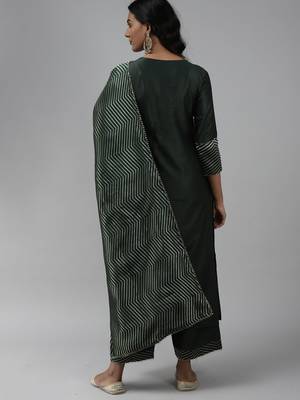 Indo Era Green Solid Straight Kurta Palazzo With Dupatta Set 2