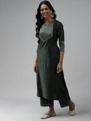 Indo Era Green Solid Straight Kurta Palazzo With Dupatta Set 3
