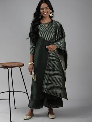 Indo Era Green Solid Straight Kurta Palazzo With Dupatta Set 4