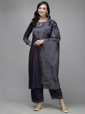 Indo Era Navy Blue Solid Straight Kurta Palazzo With Dupatta Set 1