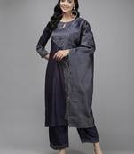 Indo Era Navy Blue Solid Straight Kurta Palazzo With Dupatta Set