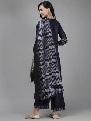 Indo Era Navy Blue Solid Straight Kurta Palazzo With Dupatta Set 2