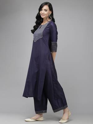 Indo Era Navy Blue Solid Straight Kurta Palazzo With Dupatta Set 3