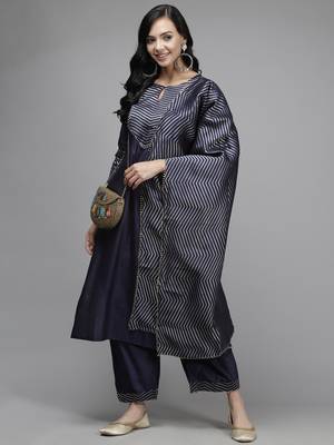 Indo Era Navy Blue Solid Straight Kurta Palazzo With Dupatta Set 4