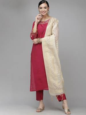 Indo Era Pink Embroidered Straight Kurta Palazzo With Dupatta Set 1