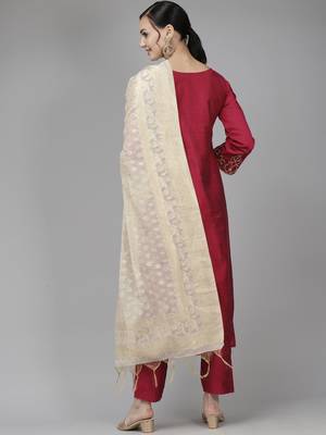 Indo Era Pink Embroidered Straight Kurta Palazzo With Dupatta Set 2