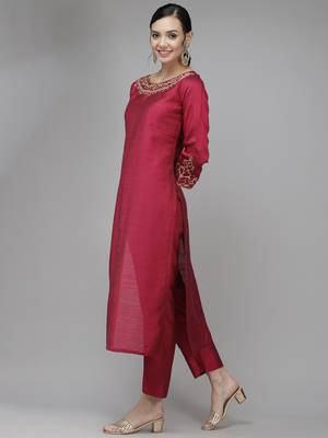 Indo Era Pink Embroidered Straight Kurta Palazzo With Dupatta Set 3