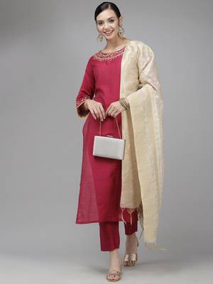 Indo Era Pink Embroidered Straight Kurta Palazzo With Dupatta Set 4